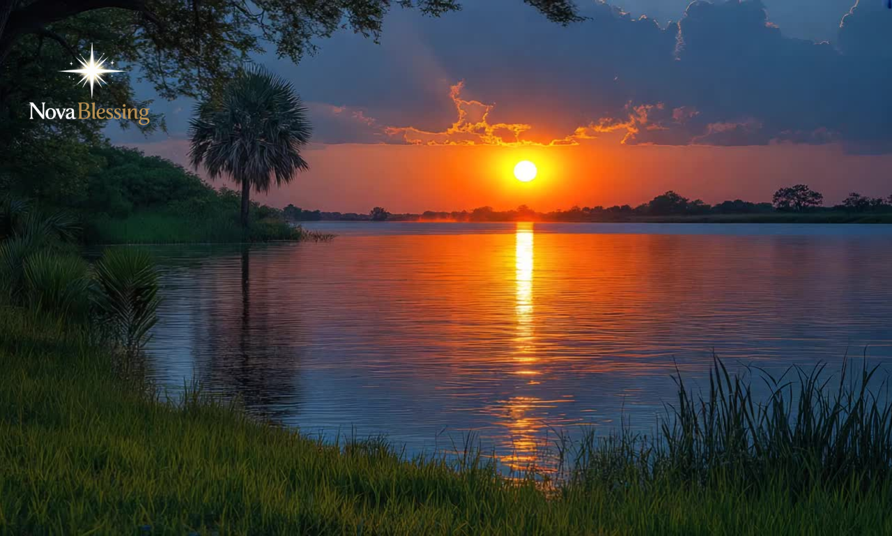 Good Evening Blessings with sunset lake view, calm sky, and inspirational text for peace and positivity