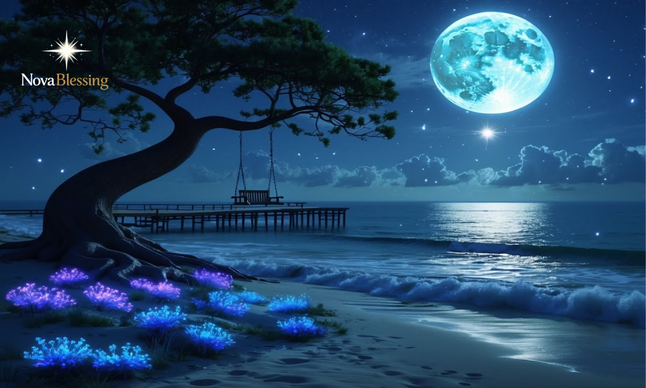 Good Evening Blessings with sunset lake view, calm sky, and inspirational text for peace and positivity