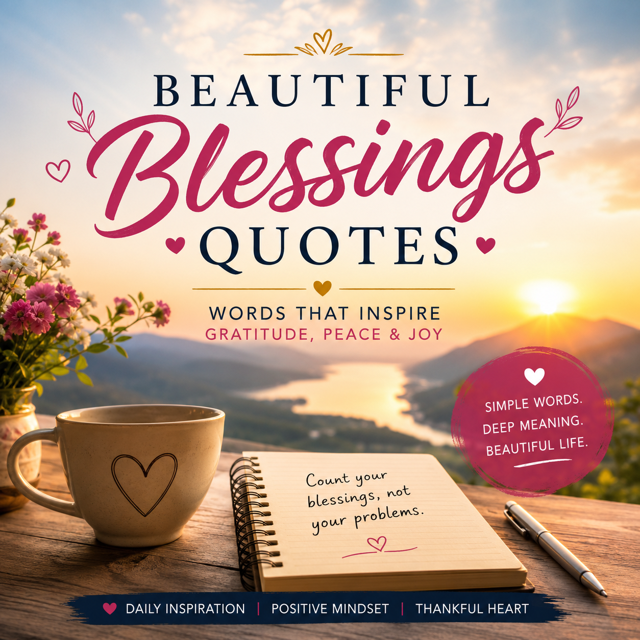 Beautiful blessings quotes collection with calming background representing peace, gratitude, and positivity