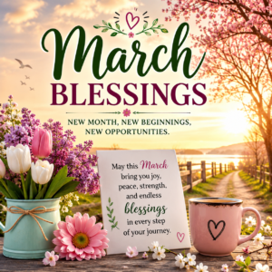 Beautiful March blessings quote with spring flowers, soft sunlight, and a peaceful natural background symbolizing renewal, hope, and positivity.