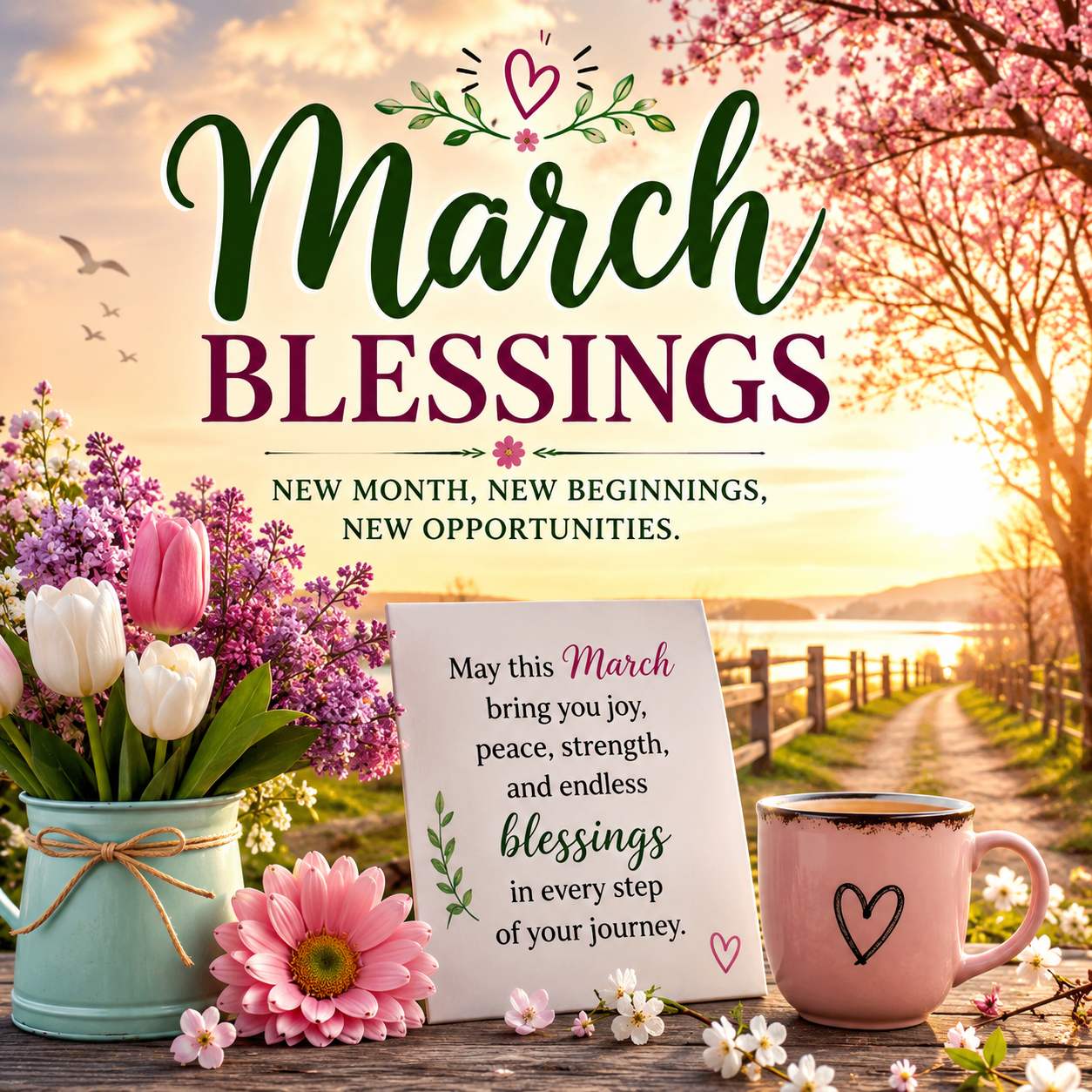 Beautiful March blessings quote with spring flowers, soft sunlight, and a peaceful natural background symbolizing renewal, hope, and positivity.